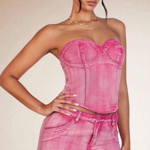 Pink Preppy Womens Solid Tube Denim Top - Picture 4 of 5